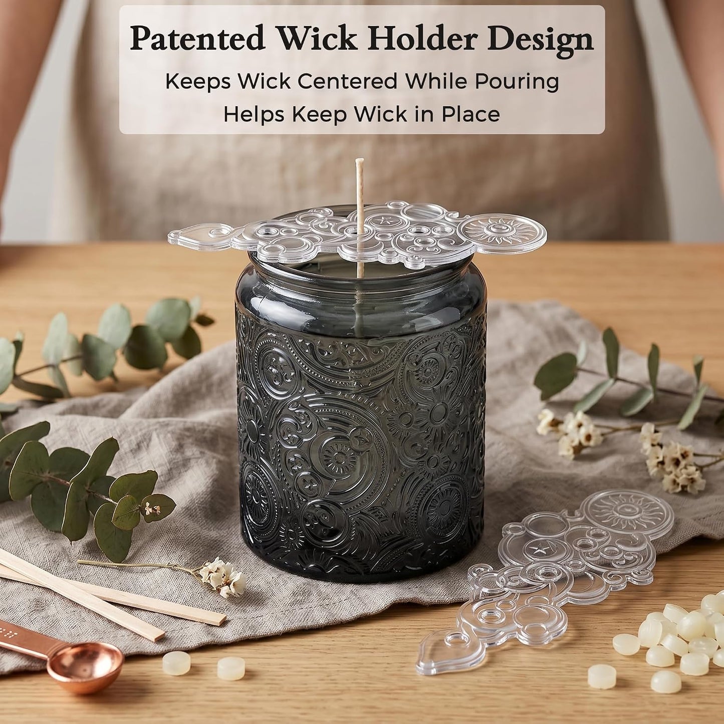 8 oz Gray Sun Moon Stars Candle Jars with Bamboo Lids, 9 Pack | Patented Embossed Design, Includes Wick Centering Devices & Warning Labels, Multiple Color Options