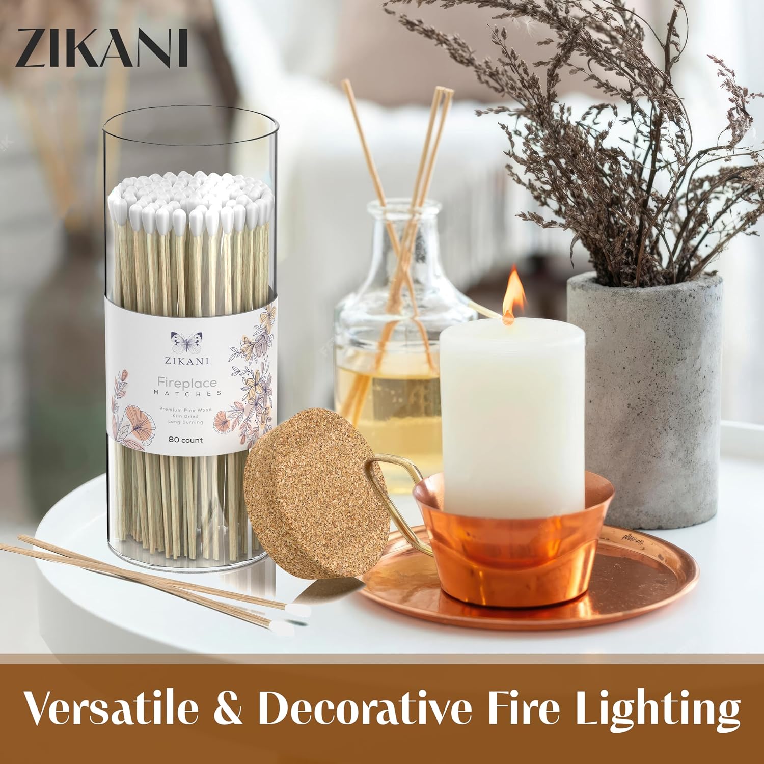 White Tip Fireplace 8-inch Long Shabbat Matches Pack of 80 Decorative Safety Matches with Cork Top Glass Holder Including Striker Ideal for Lighting