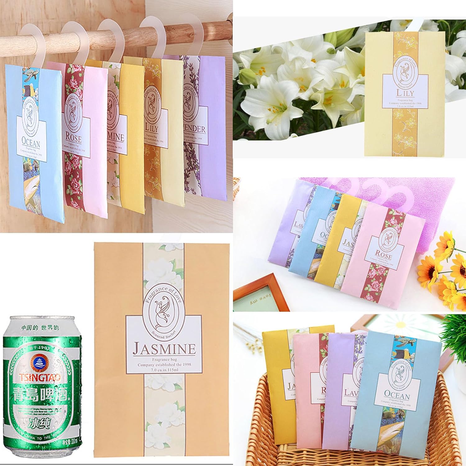 Rose Sachets, Fresh Scents Sachet Packets, Hanging Scent, Fragrance Bags for Drawers and Closets, Hanging Closet Air Freshener Scented Sachets Bags Drawer Deodorizers Home Fragrance, 8 Packs