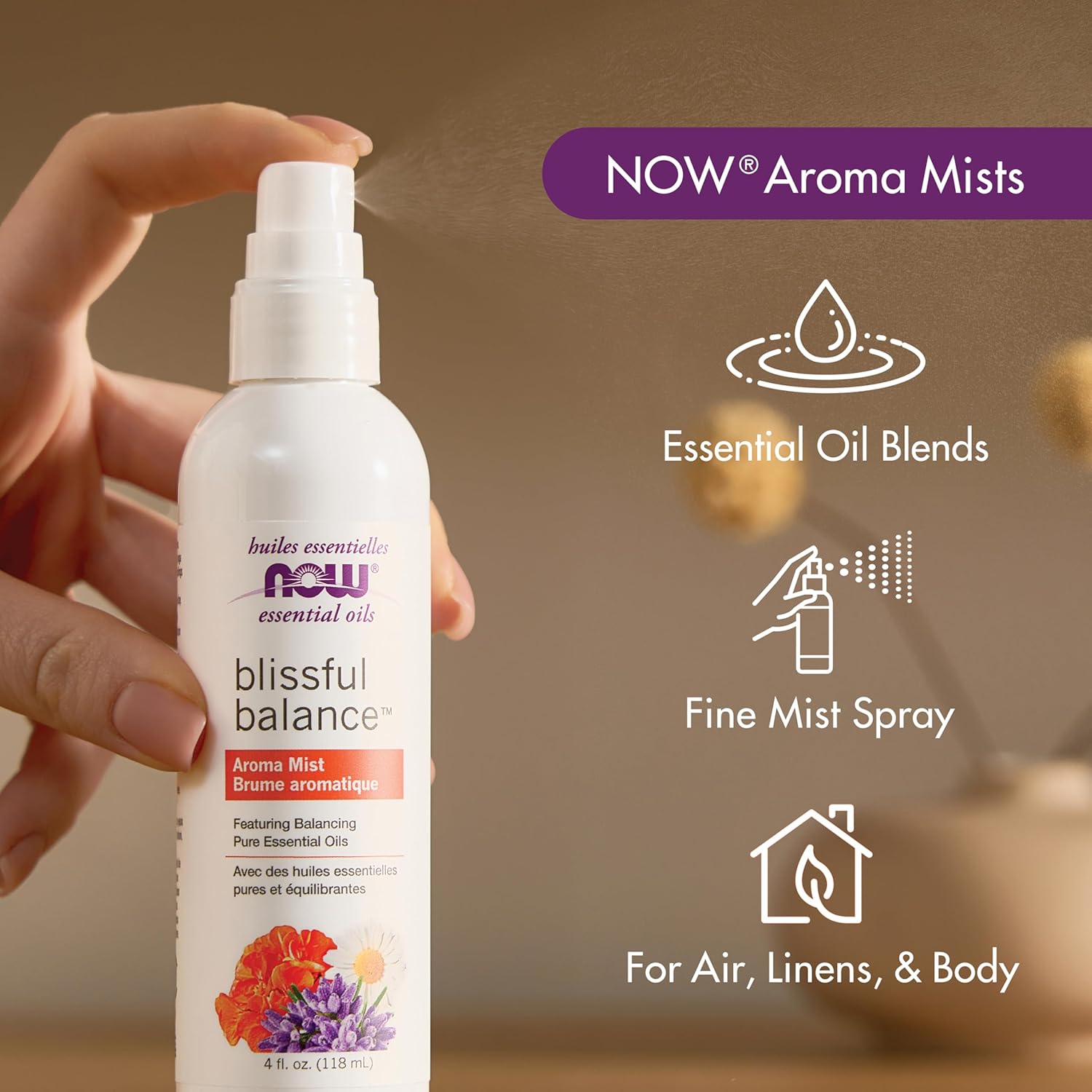 Now Essential Oils Mind that Energy Aroma Mist, 4 Fl. Oz - Peppermint, Lemon, Frankincense, Rosemary, Lavender, Sandalwood - Aromatherapy, Organic, Beige