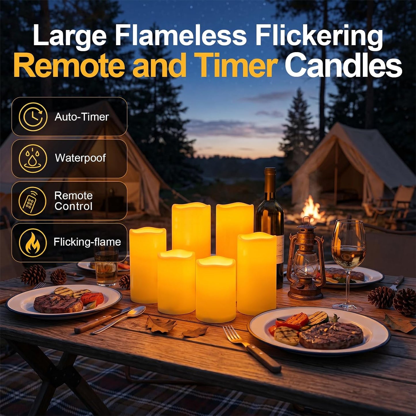 5plots 4"×6" 8" Large Outdoor Waterproof Flameless Candles Ivory White with Timer & Remote, Battery Operated LED Flickering Pillar Candles for Patio Porch Halloween Christmas Lantern, Set of 2