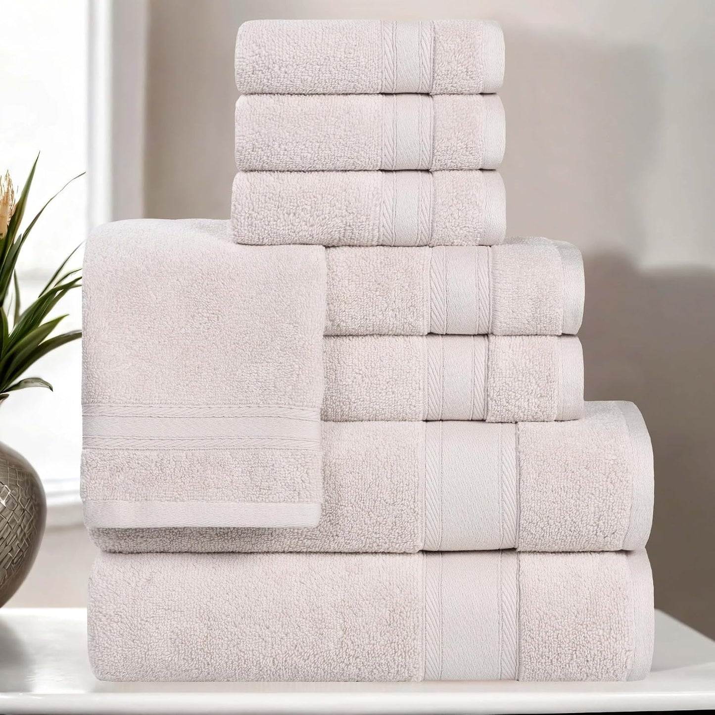 Superior Belmont Zero Twist Cotton Medium Weight Towels, for Guest Bath, Bathroom, Shower, Spa, Plush, Quick Dry, Ultra-Soft Towels, Bath Essentials, Thick Border, 8 Piece Assorted Towel Set, Silver