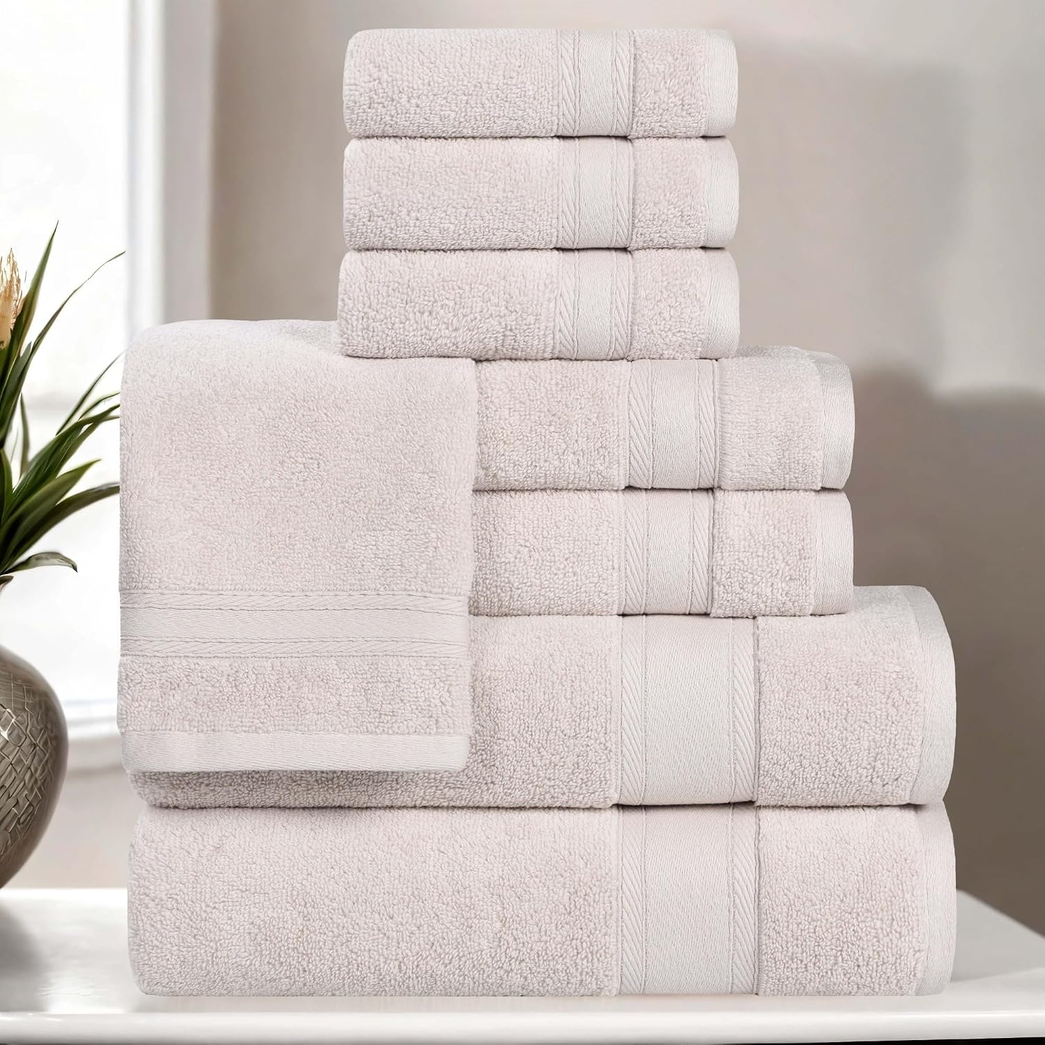 Superior Belmont Zero Twist Cotton Medium Weight Towels, for Guest Bath, Bathroom, Shower, Spa, Plush, Quick Dry, Ultra-Soft Towels, Bath Essentials, Thick Border, 8 Piece Assorted Towel Set, Silver
