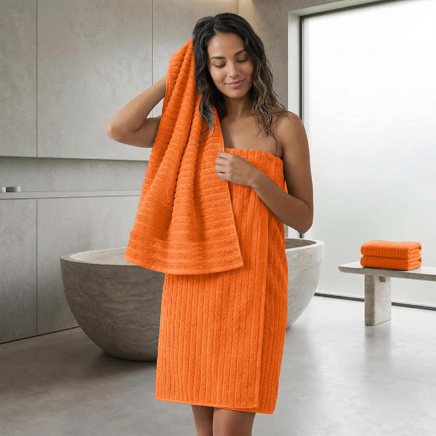 RIVERSIDE Pack of 2 Extra Large Bath Sheet Towels, 35 x 70 Inches, 600 GSM, Ribbed Stripe, 100% Cotton - Super Soft, Highly Absorbent & Quick Dry for Bathroom, Spa & Hotel, Orange