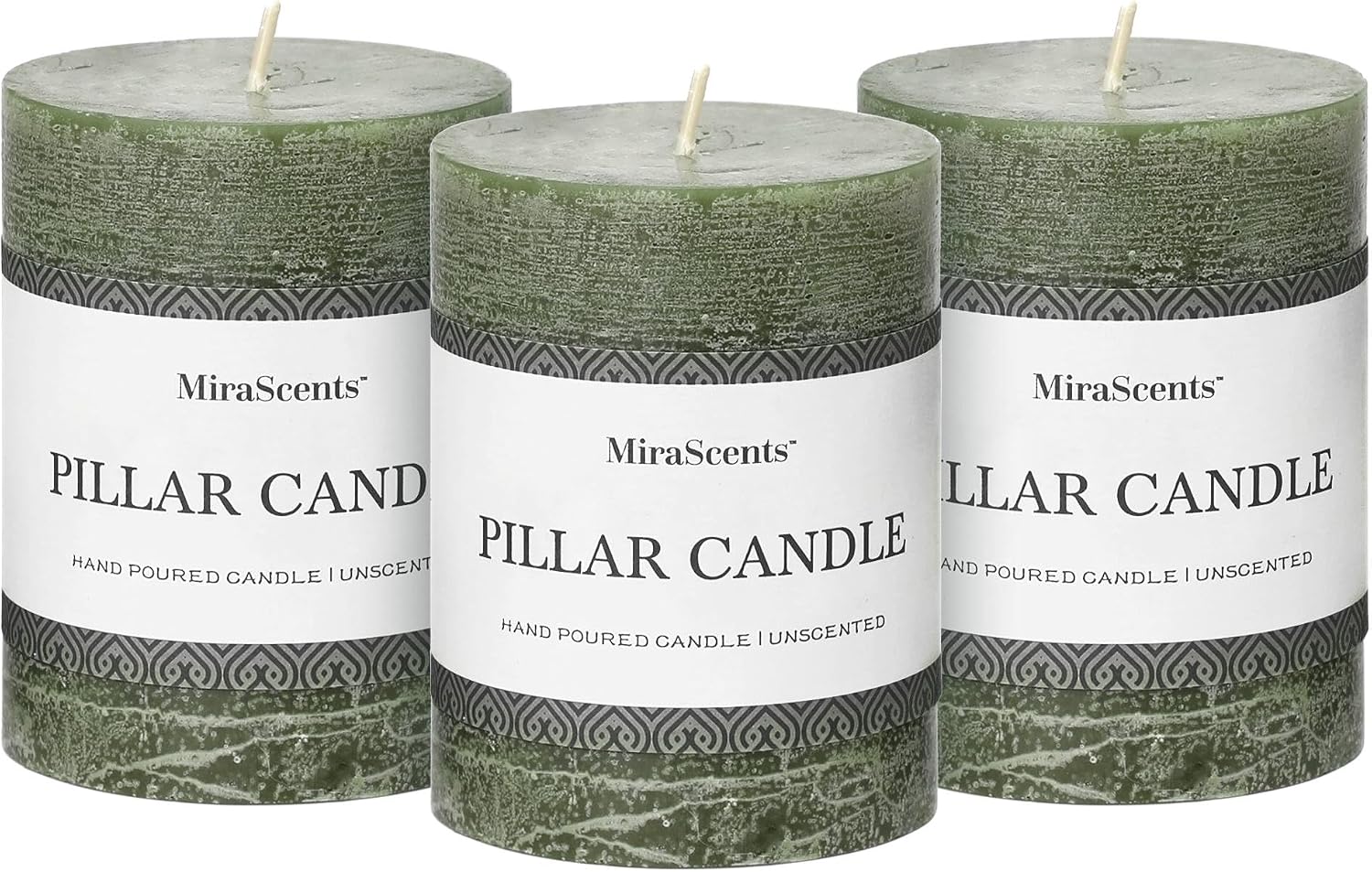 3x4 Inch Moss Green Pillar Candles - Set of 3, Long Clean Burning, Smokeless Dripless Candles for Spring Home Decor, Dinner Table, Bathroom, Rustic Decor