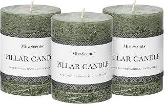 3x4 Inch Moss Green Pillar Candles - Set of 3, Long Clean Burning, Smokeless Dripless Candles for Spring Home Decor, Dinner Table, Bathroom, Rustic Decor
