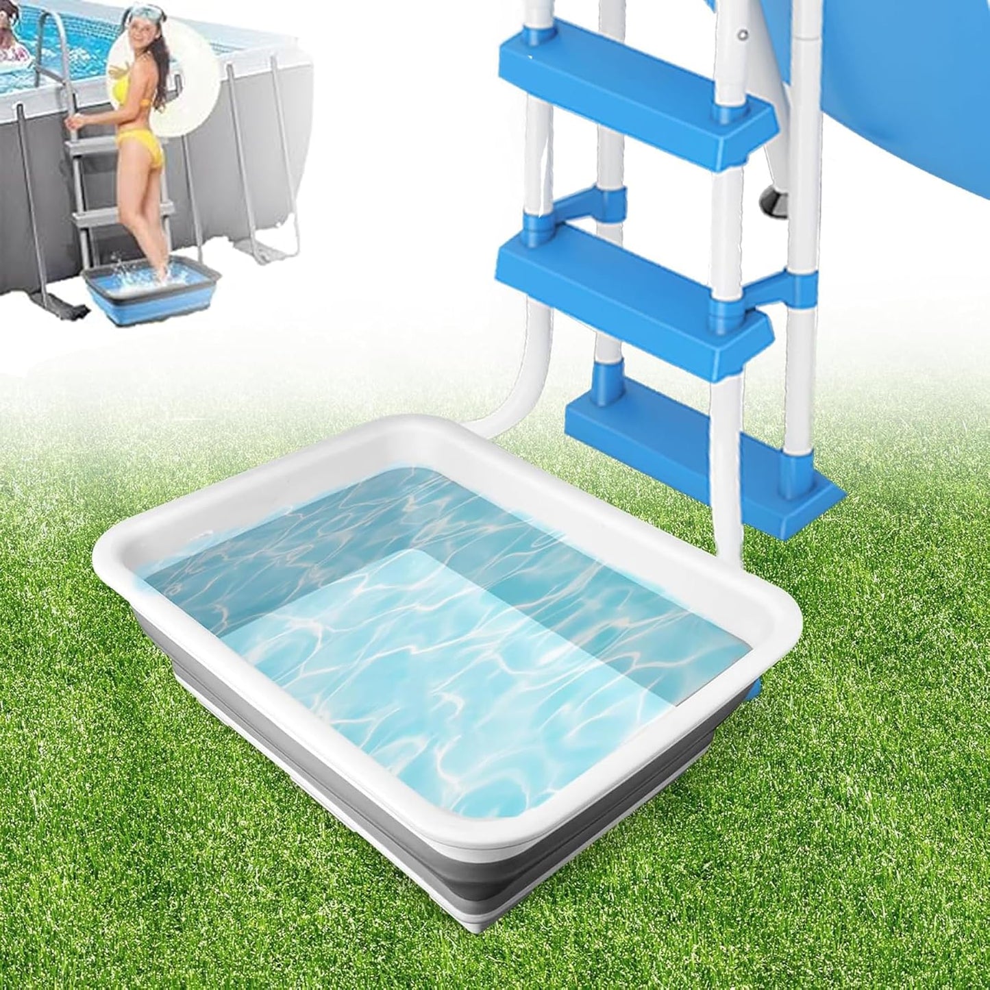 Pool Foot Bath Tray for Swimming Pool, Non- Slip Collapsible Foot Bath for Pool, Portable Foot Tub for Pool for Above Ground Pool Accessories, Rinse Feet Keep Pool Clean (Grey + White)