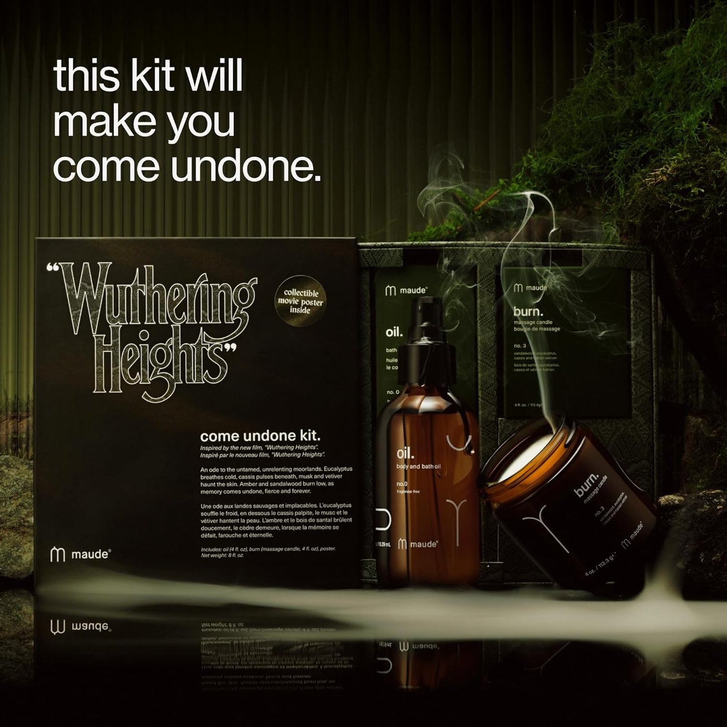 Maude x "WUTHERING HEIGHTS" Come Undone Kit - Limited Edition Two Piece Body Care Gift Set - Fragrance-Free Moisturizing Body Oil & Massage Candle Scented with Eucalyptus & Sandalwood
