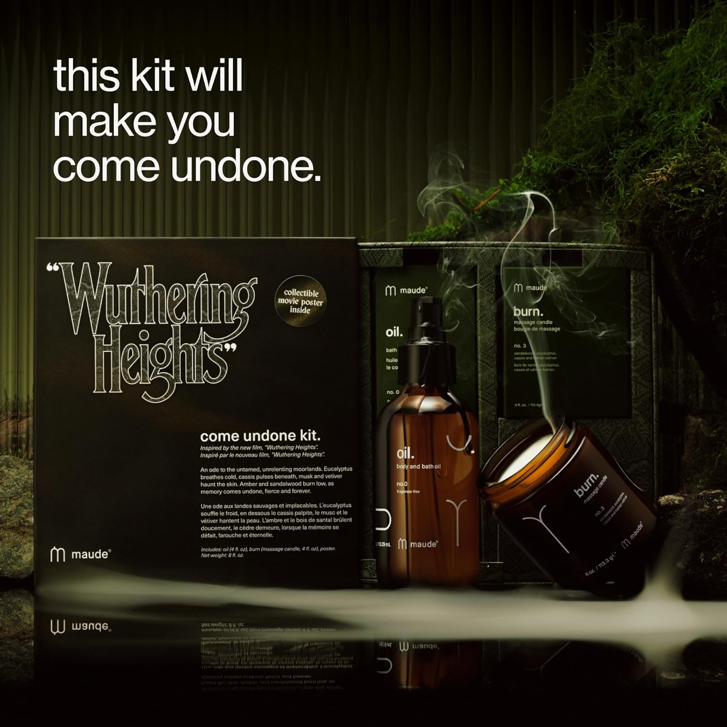Maude x "WUTHERING HEIGHTS" Come Undone Kit - Limited Edition Two Piece Body Care Gift Set - Fragrance-Free Moisturizing Body Oil & Massage Candle Scented with Eucalyptus & Sandalwood