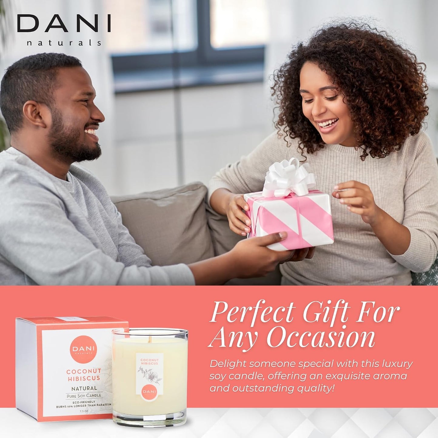 DANI Naturals Soy Candle - Coconut Hibiscus Scented, 100% Pure Soy Wax, Kosher, Non-Toxic, Long-Lasting Burn - 7.5 oz
