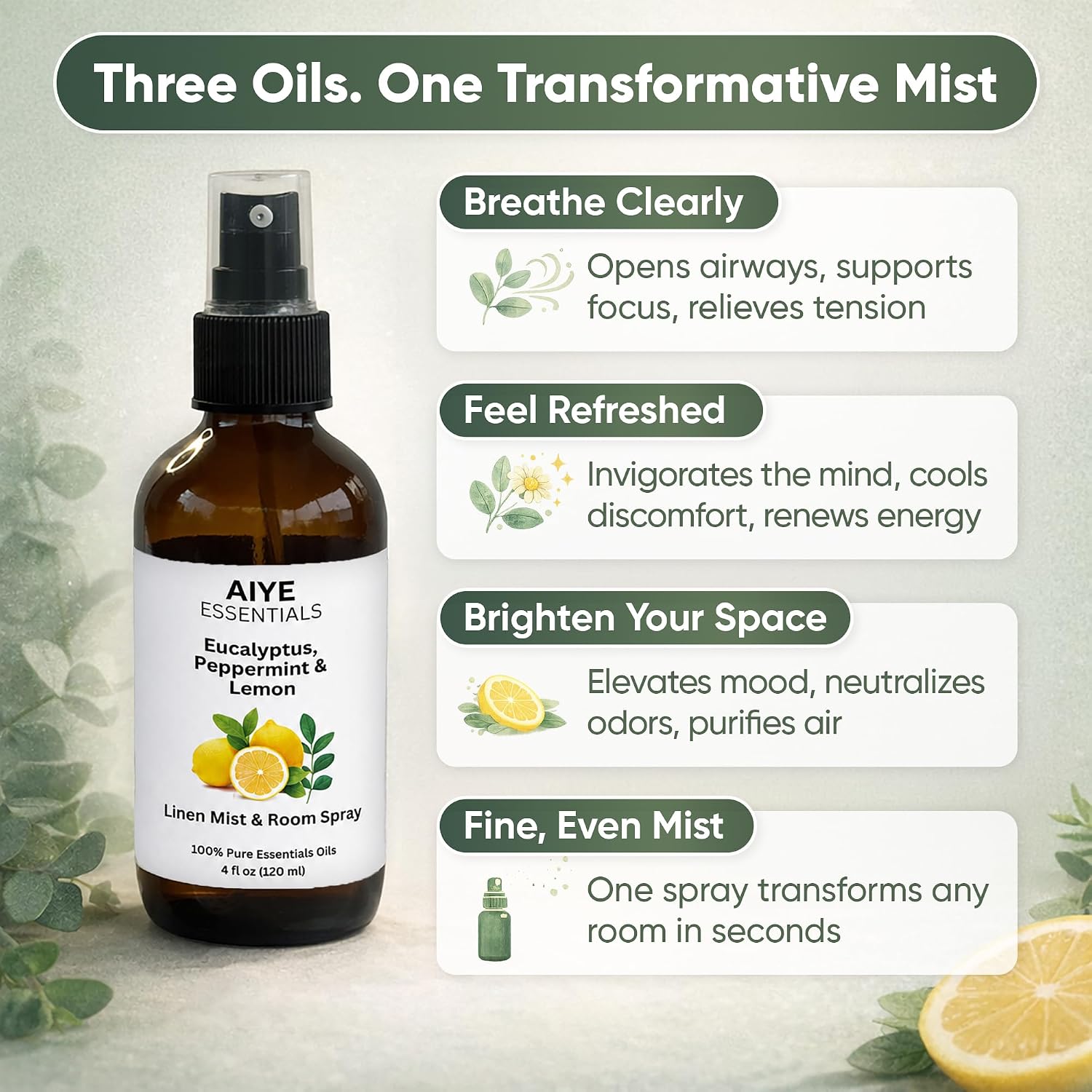 AIYE Essentials Eucalyptus, Peppermint and Lemon Aromatherapy Mist, 100% Pure Essential Oils, Linen & Room Spray Non-Toxic 2 fl oz, (60 ml)