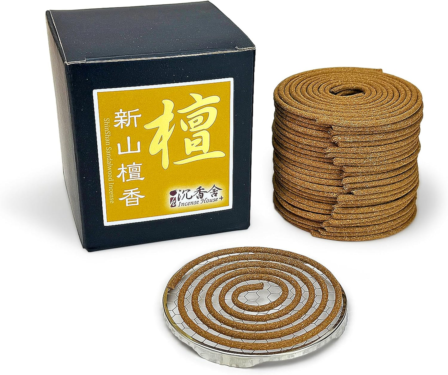 I H INCENSE HOUSE+ – ShinShan Sandalwood Incense Coil · 48 Coils · 3.5–4 Hours · Daily Use · Metal Mesh Incense Holder Included · SS4H (1 Box)