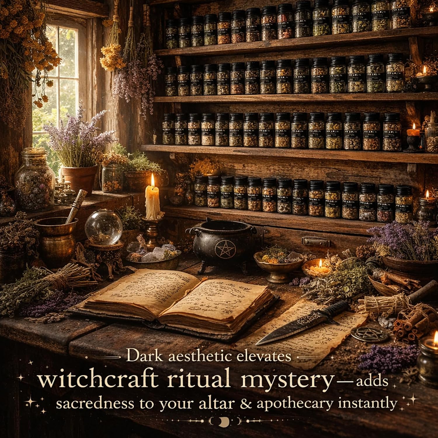 45PCS Herbs for Witchcraft - Wiccan Supplies and Tools - Witchcraft Supplies Dried Flowers Kit for Witch Beginner, Wicca Altar Supplies, Magic Spell, with Witchy Spoon, Witchy Gifts for Women