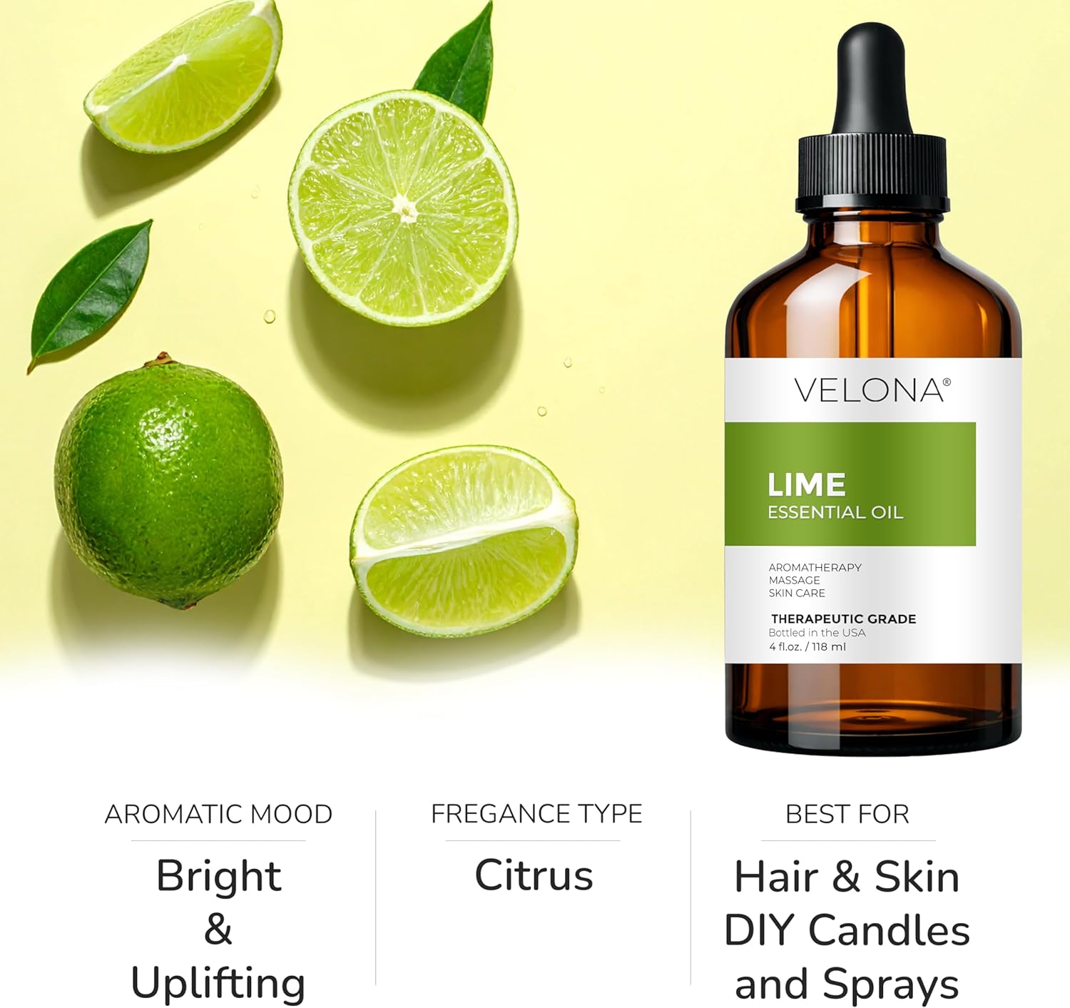 Lime Essential Oil by Velona - 16 Fl Oz | Therapeutic Grade 100% | for Aromatherapy Diffuser, Massage, Skincare, Haircare, Soapmaking | Undiluted and Multipurpose