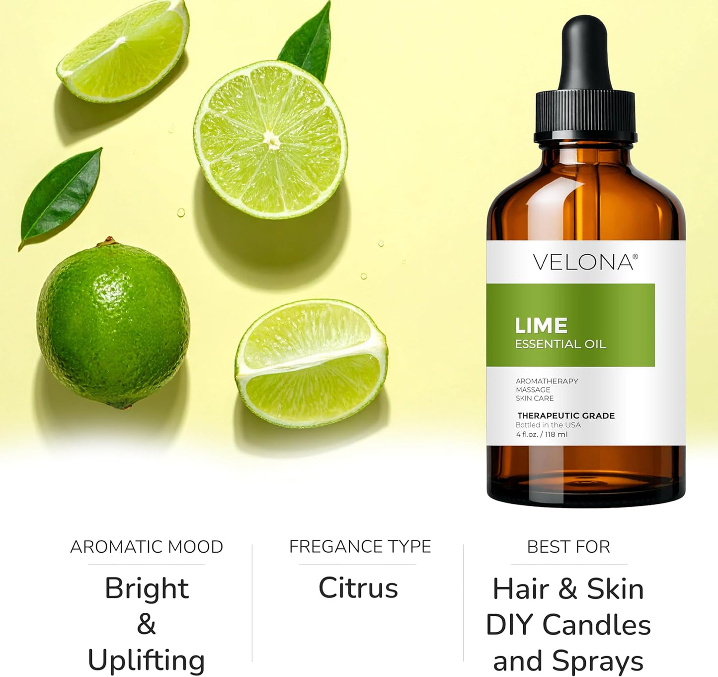Lime Essential Oil by Velona - 4 Fl Oz | Therapeutic Grade 100% Pure and Natural | for Aromatherapy Diffuser, Massage, Skincare, Haircare, Soapmaking | Undiluted and Multipurpose in Glass Bottle…