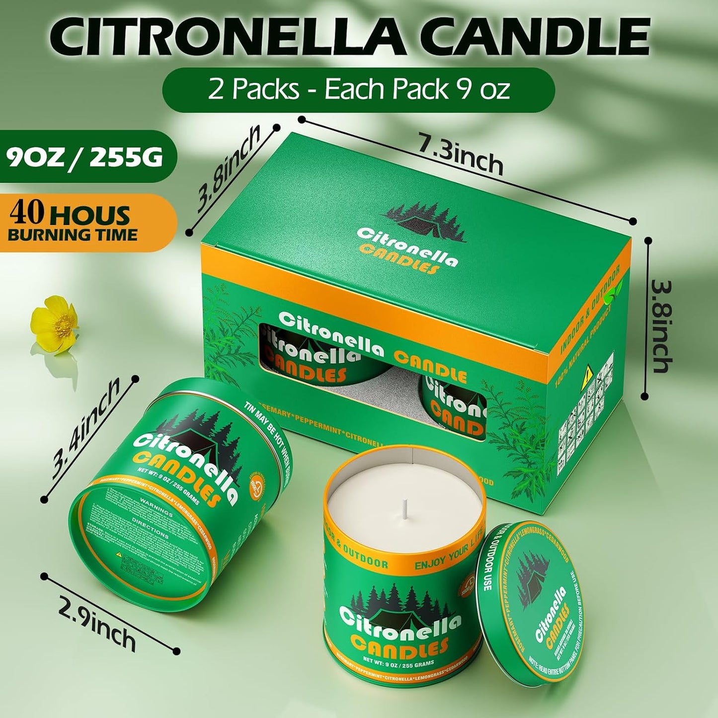 4 Pack Citronella Candles, 9oz Natural Soy Wax Scented Candles for Outdoor, Patio, Camping, and Garden, Long Lasting Portable Candles in Tin Container, Summer Party Ambiance
