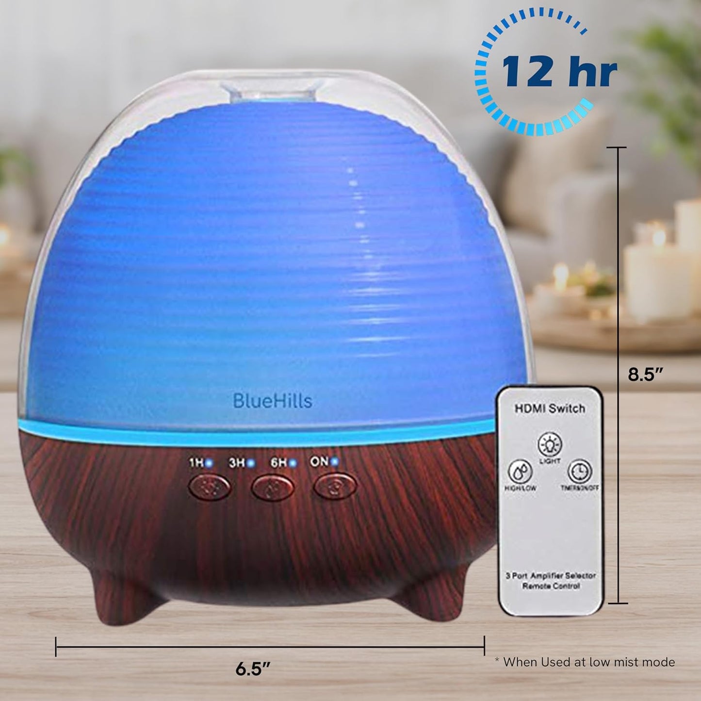 BlueHills Premium 1000 ML Large XL Essential Oil Diffuser with Remote Aroma Humidifier for Large Room Home Long Run Time Huge Coverage Area Lights High Mist Output Big Capacity Dark Wood Grain N6