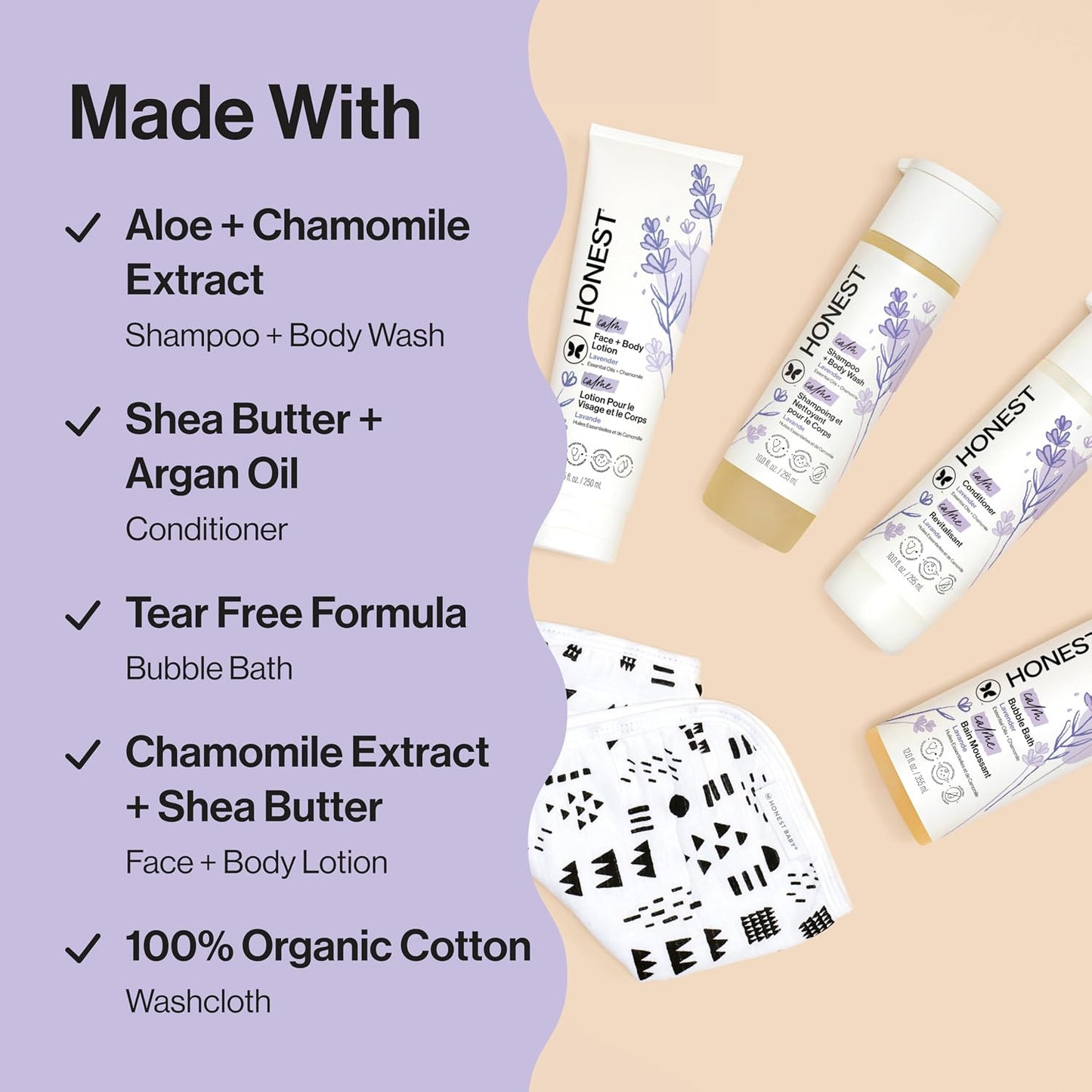 The Honest Company Calming Lavender Bathtime Gift Set Hypoallergenic Bath Essentials for Sensitive Baby Skin Shampoo and Body Wash Face Lotion Bubble Conditioner Cloth