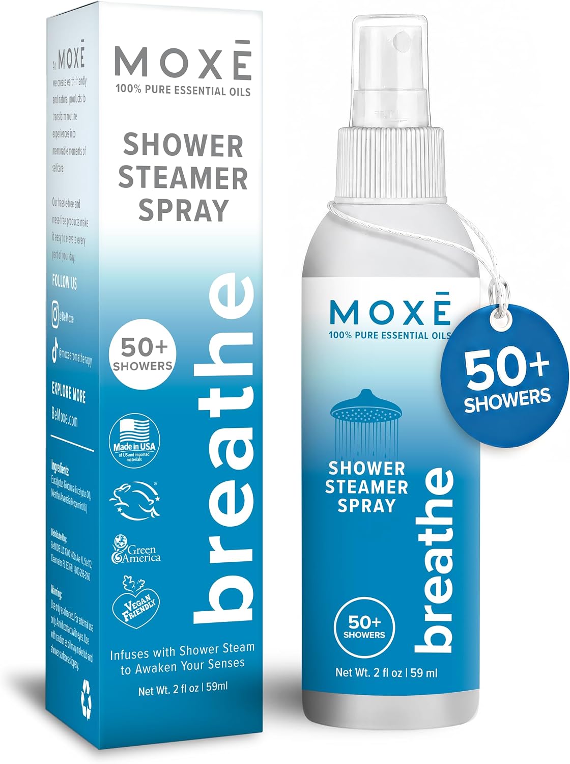 MOXĒ Shower Steamer Spray Breathe Essential Oil Shower Spray – Relaxing Aromatherapy Mist for Home Spa Experience – Pure Plant Based Fragrance for Daily Routine – 1 Pack, 2oz