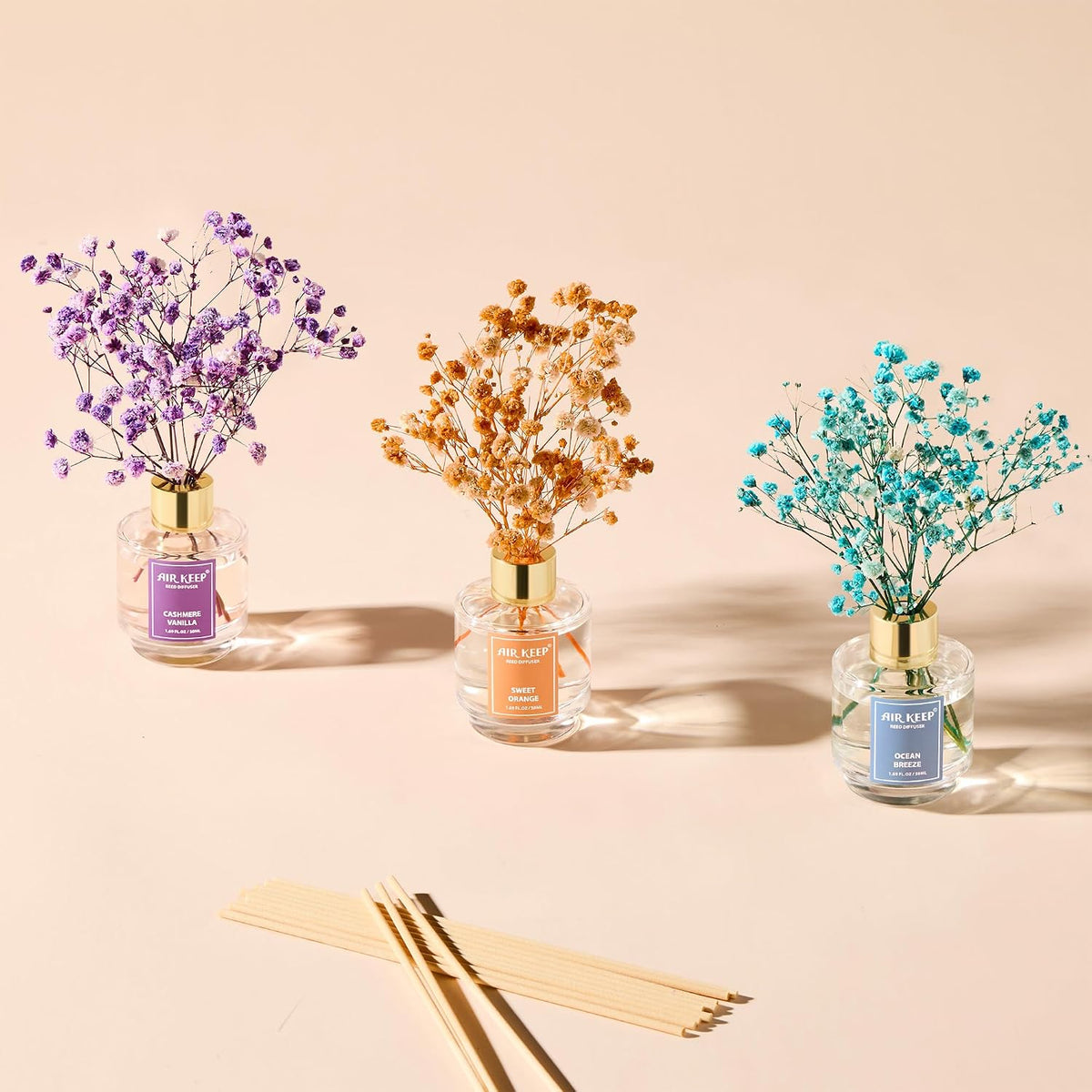Airkeep Reed Diffuser Set of 3, Ocean Breeze Sweet Orange Cashmere Vanilla Oil Reed Diffusers for Bedroom Living Room Office