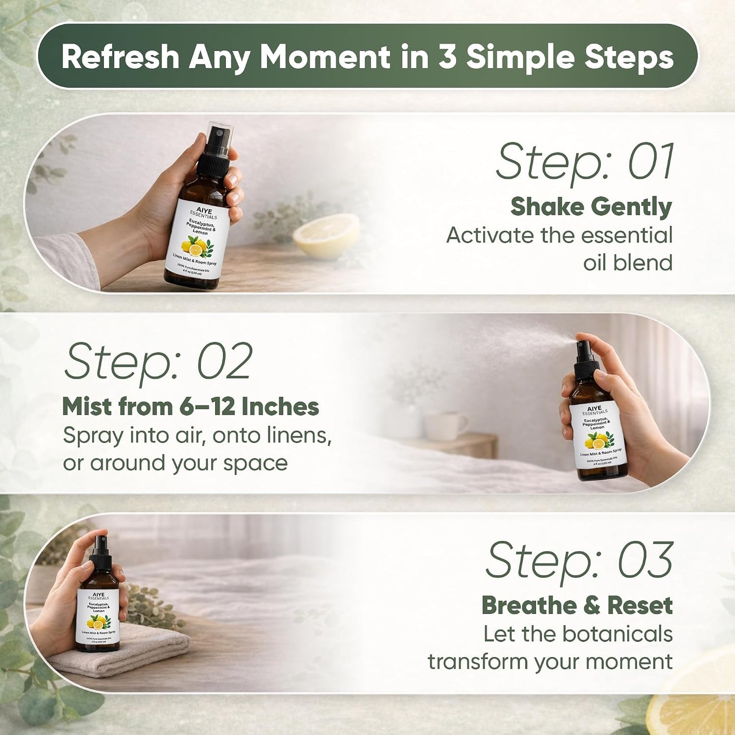 AIYE Essentials Eucalyptus, Peppermint and Lemon Aromatherapy Mist, 100% Pure Essential Oils, Linen & Room Spray Non-Toxic 2 fl oz, (60 ml)