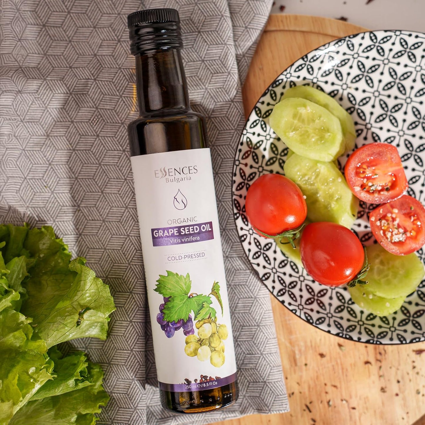 Essences Bulgaria Organic Grape Seed Oil 8.5 Fl Oz | 250ml | 100% Natural Cold-Pressed Oil | Extra Premium Quality | Excellent Taste | Dips | Salads | No Additives or Preservatives | Non-GMO | Vegan