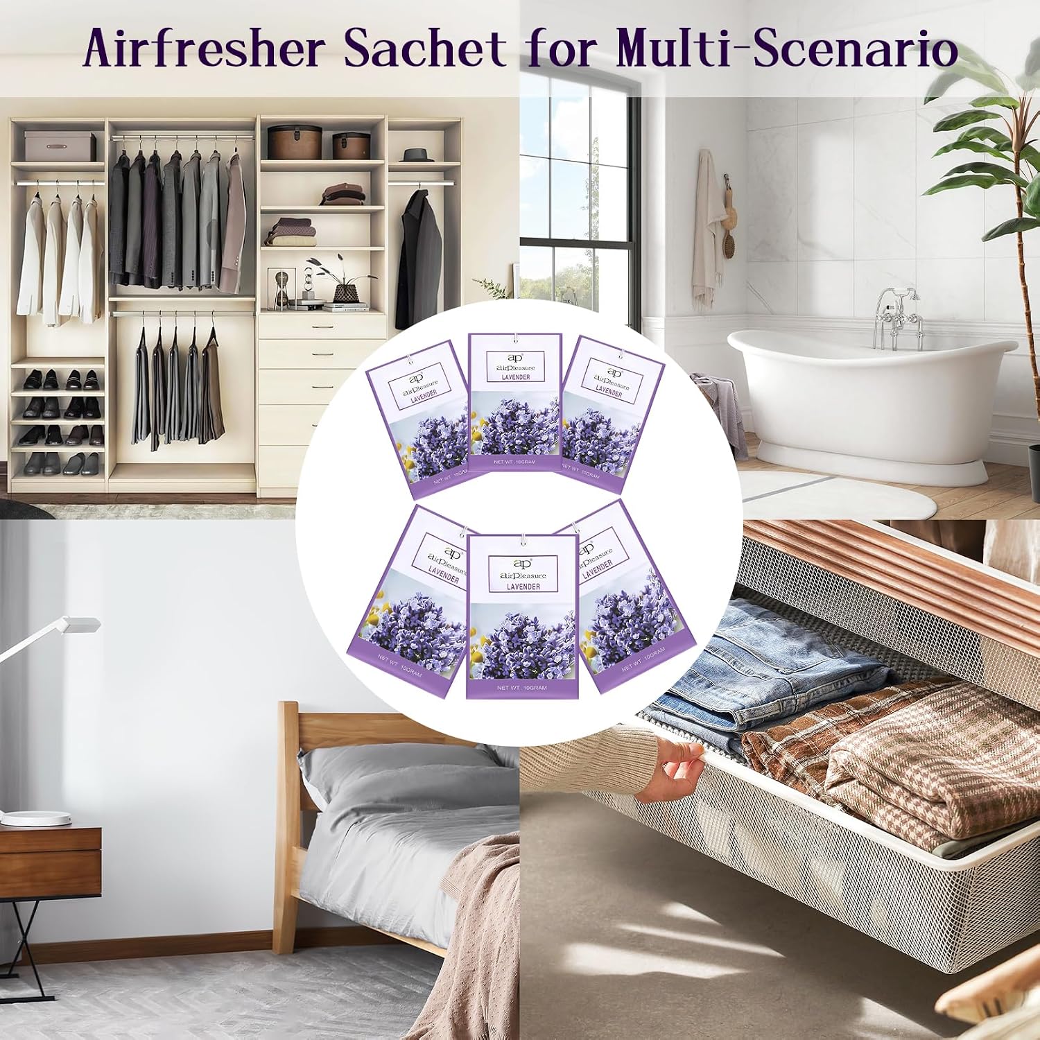 Lavender Scented Sachets Bag 6 Pack for Drawers & Closets, Long-Lasting Sachets Bags Wardrobe Freshener, Drawer Deodorizer Fresh Scents Home Fragrance Air Freshener Bags for Home Room