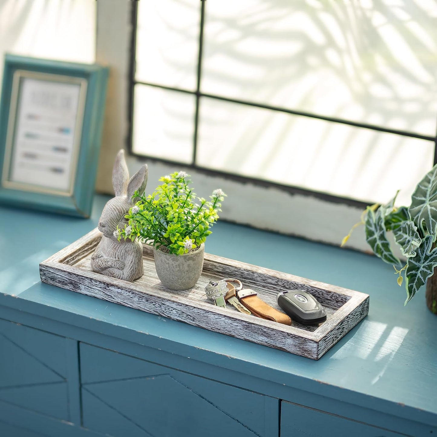 Romadedi Rustic Decorative Wood Candle Tray - 15" Wooden Long Narrow Tray Candle Holder, Farmhouse Small Trays for Coffee Table Centerpieces Dining Room Kitchen Countertop Home Decor, Whitewashed