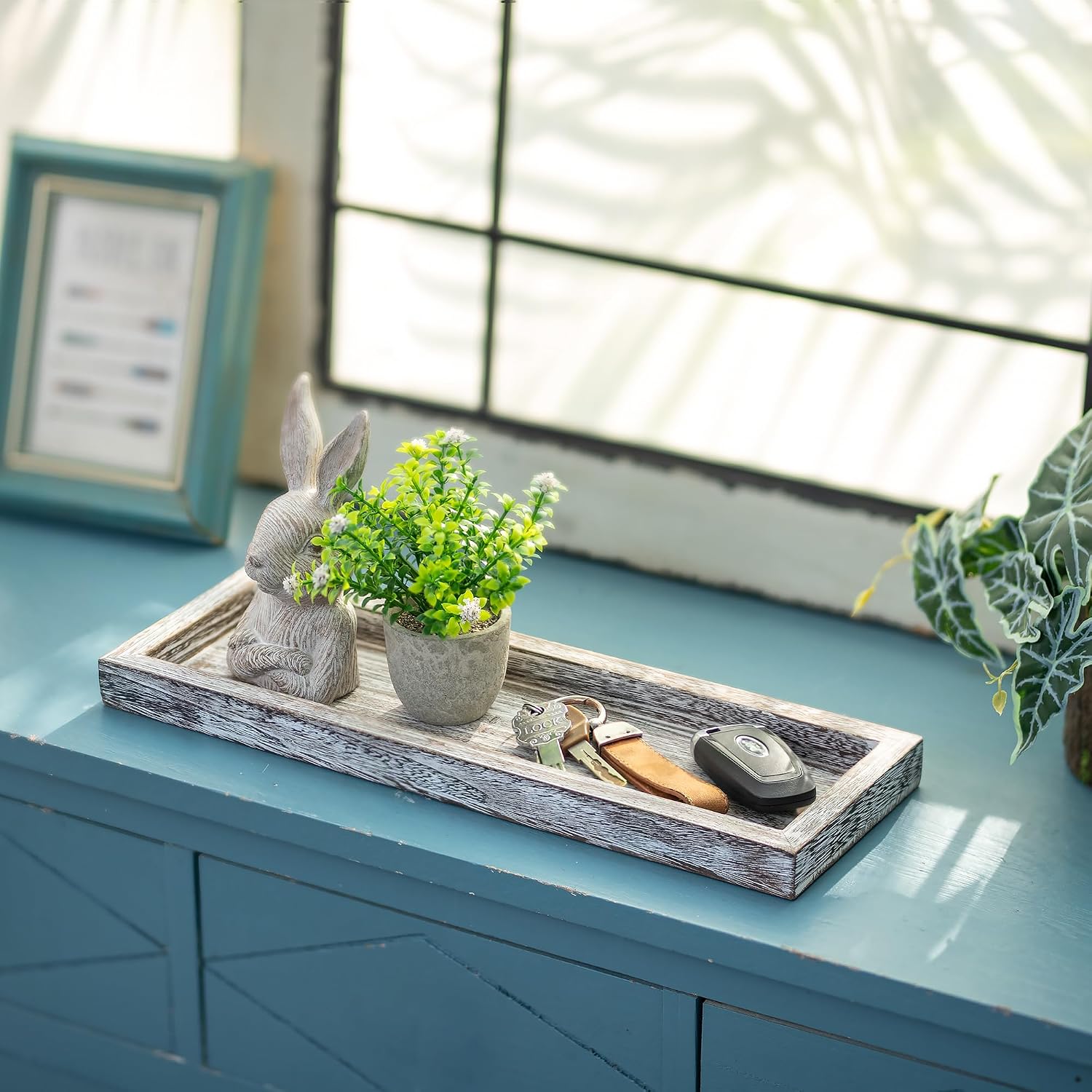 Romadedi Rustic Decorative Wood Candle Tray - 15" Wooden Long Narrow Tray Candle Holder, Farmhouse Small Trays for Coffee Table Centerpieces Dining Room Kitchen Countertop Home Decor, Whitewashed