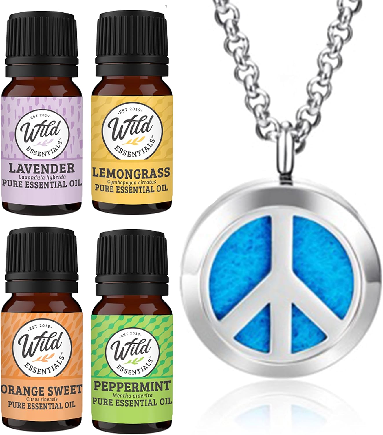 Wild Essentials Peace Sign Necklace Essential Oil Diffuser Kit with Lavender, Lemongrass, Peppermint, Orange Oils, 12 Refill Pads, Calming Aromatherapy Gift Set, Customizable Color Changing, Perfume
