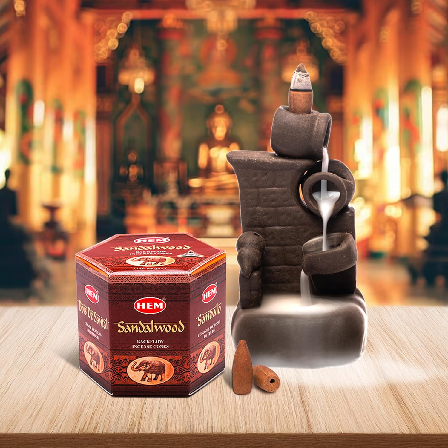 HEM Sandalwood Backflow Incense Cones – Pack of 40 Brown Cones | Long-Lasting Natural Aroma for Positivity, Cleansing & Relaxation | Wood Powder Aromatherapy for Stress Relief & Air Purification