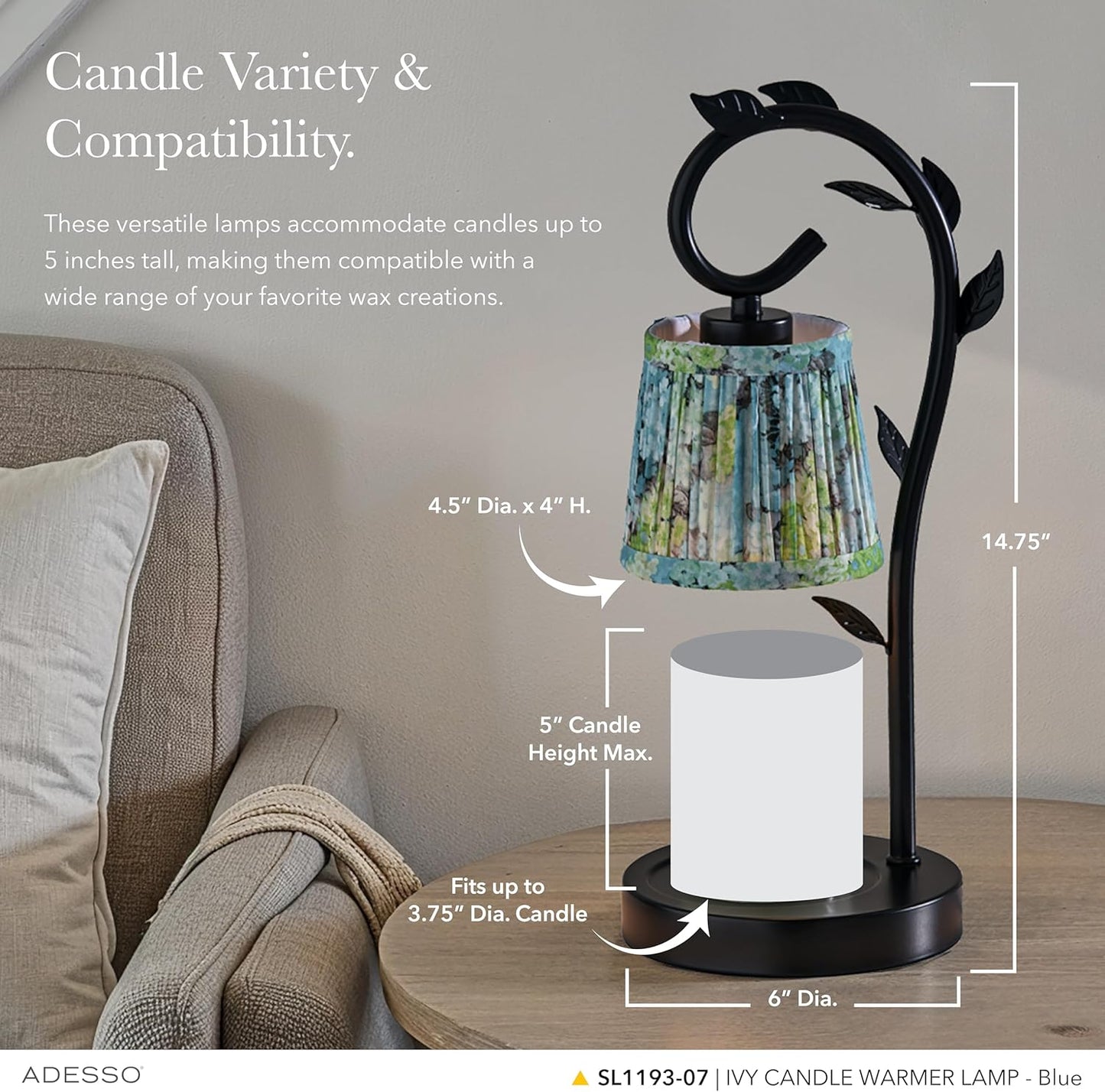 Adesso Candle Warmer Lamp – Flameless Candle Melter with Adjustable Timer & Dimmable Light, Bulb Included, Blue Floral Printed Shade, for Home, Dorm, or Office