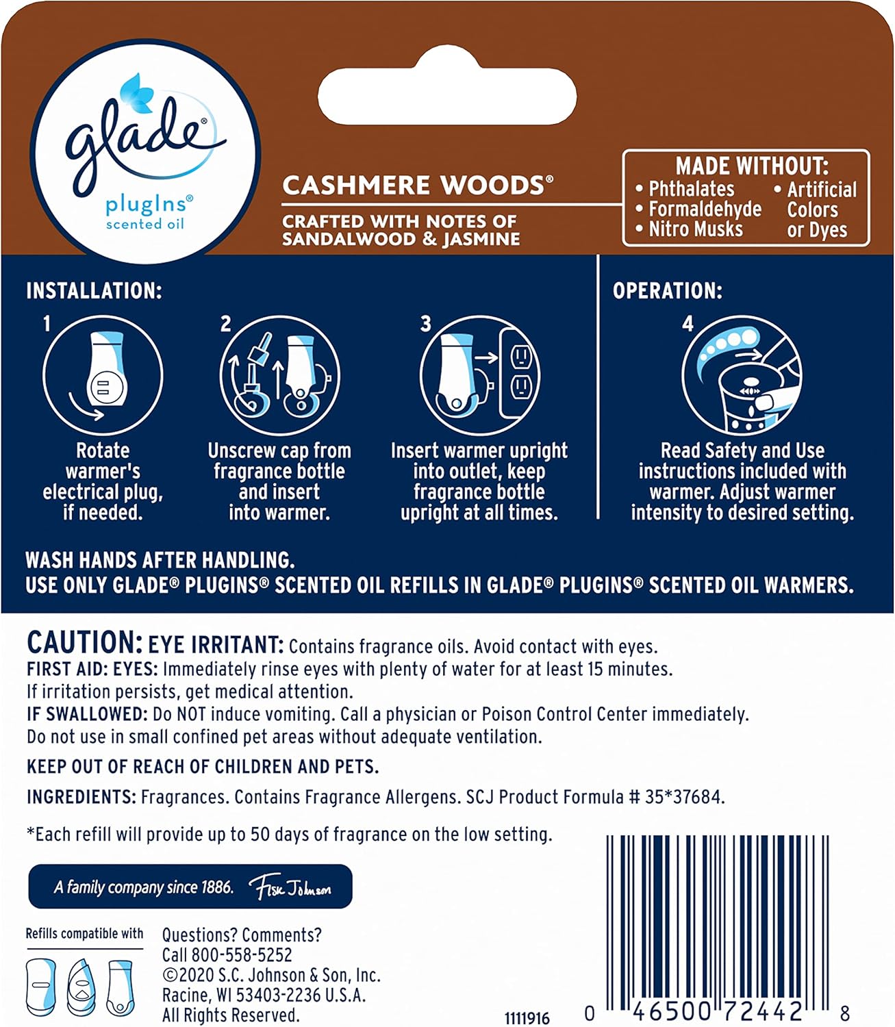 Glade PlugIns Refills Air Freshener, Scented and Essential Oils for Home and Bathroom, Cashmere Woods, 1.34 Fl Oz, 2 Count