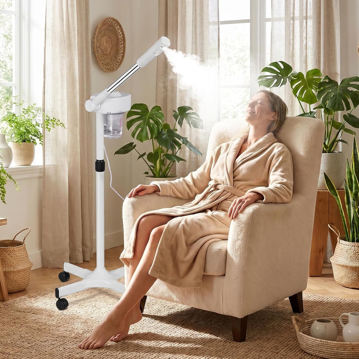 Professional Ionic Ozone Facial Steamer on Wheels, Standing Hot Mist Face Steamer with Microdermabrasion, Rolling Esthetician Spa Machine for Beauty Salon & Home Deep Skin Pore Cleansing