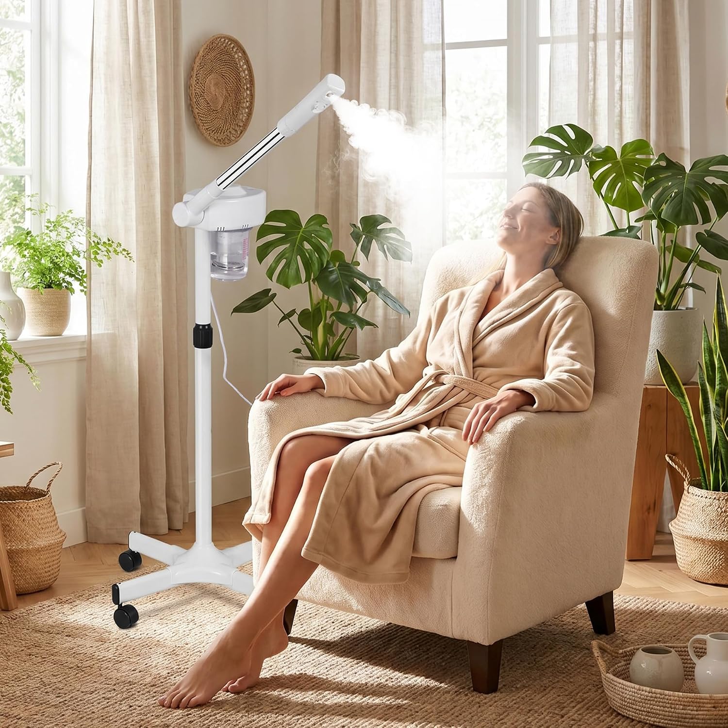 Professional Ionic Ozone Facial Steamer on Wheels, Standing Hot Mist Face Steamer with Microdermabrasion, Rolling Esthetician Spa Machine for Beauty Salon & Home Deep Skin Pore Cleansing