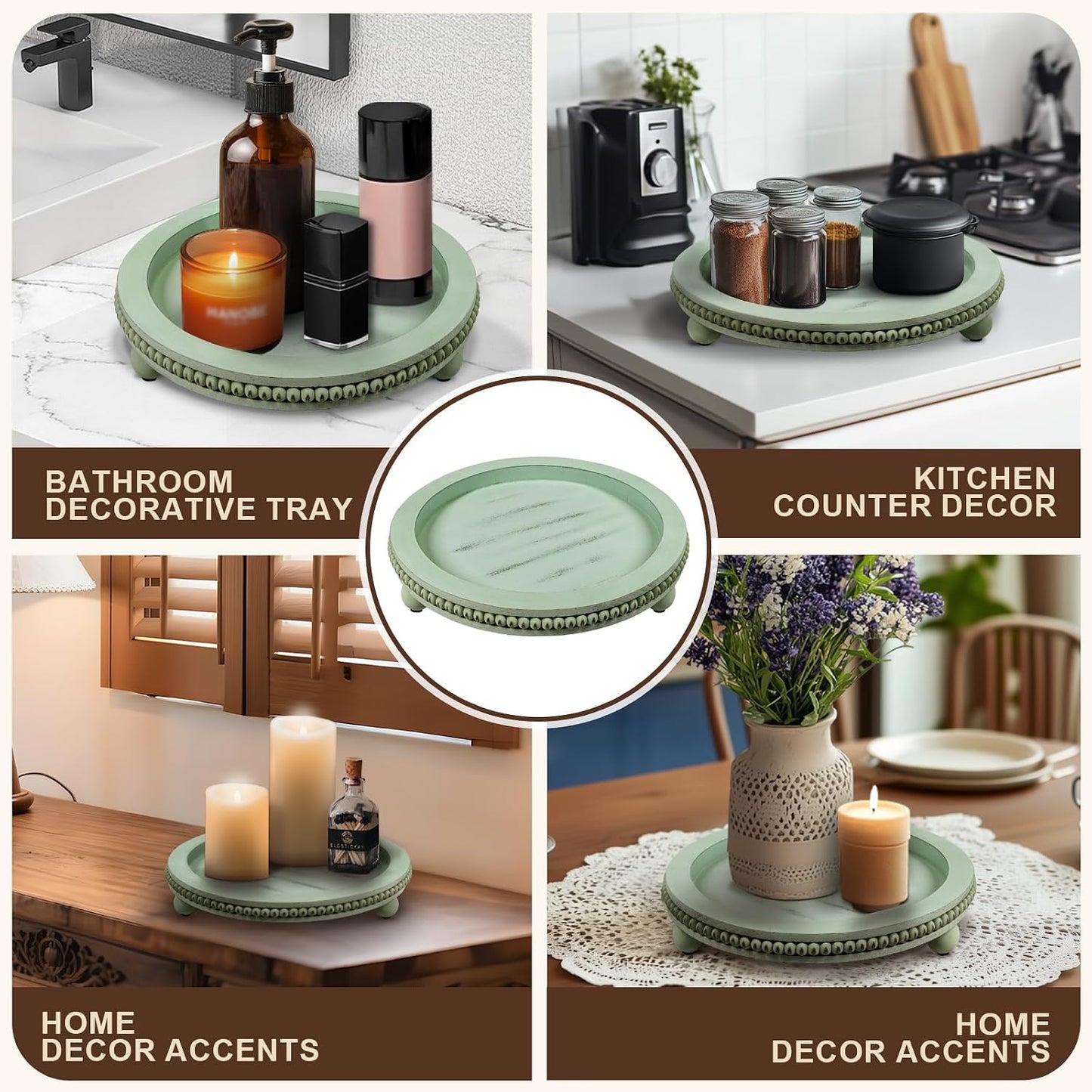 Candle Plate Hold Tray, Sage Round Trays, Wooden Decorative Tray for Coffee Table Decor, Beaded Edge Wood Tray Riser for Living Room Table, Mug Display Decorative, Table Centerpiece, Rustic Green