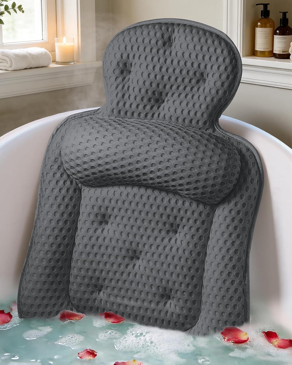 Bath Pillows for Tub, Skin Friendly Bathtub Cushion for Head and Neck with Soft 5D Mesh Fabric and 54 Non-Slip Suction Cups, Relaxing Tub and Shower Accessories Spa Gift (Dark Gray, Standard)