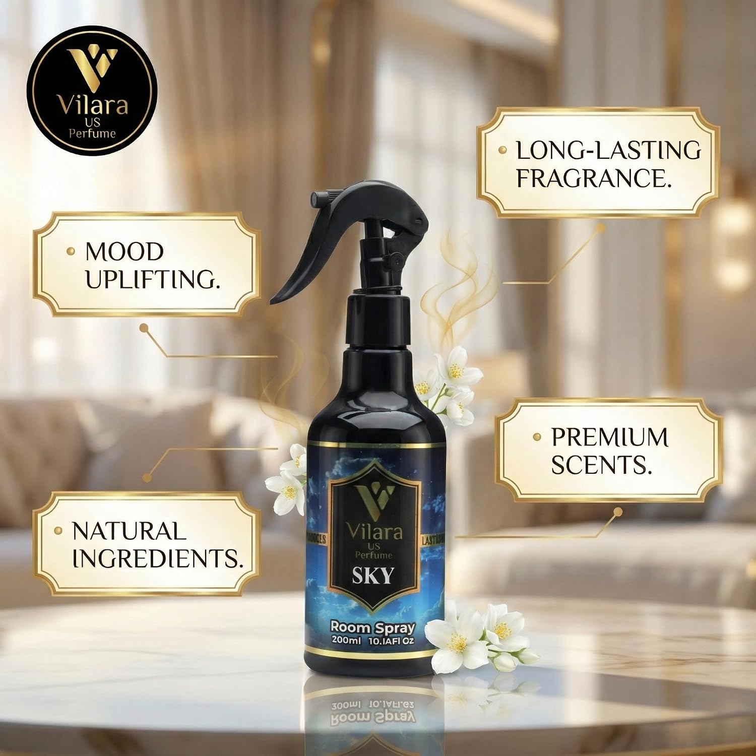 Room Spray Air Freshener –Odor Eliminator Spray for Home, Bathroom & Office – Long Lasting Floral Mist Deodorizer, Non-Toxic Natural Air Spray for Bedding 300ml (3 Sky)