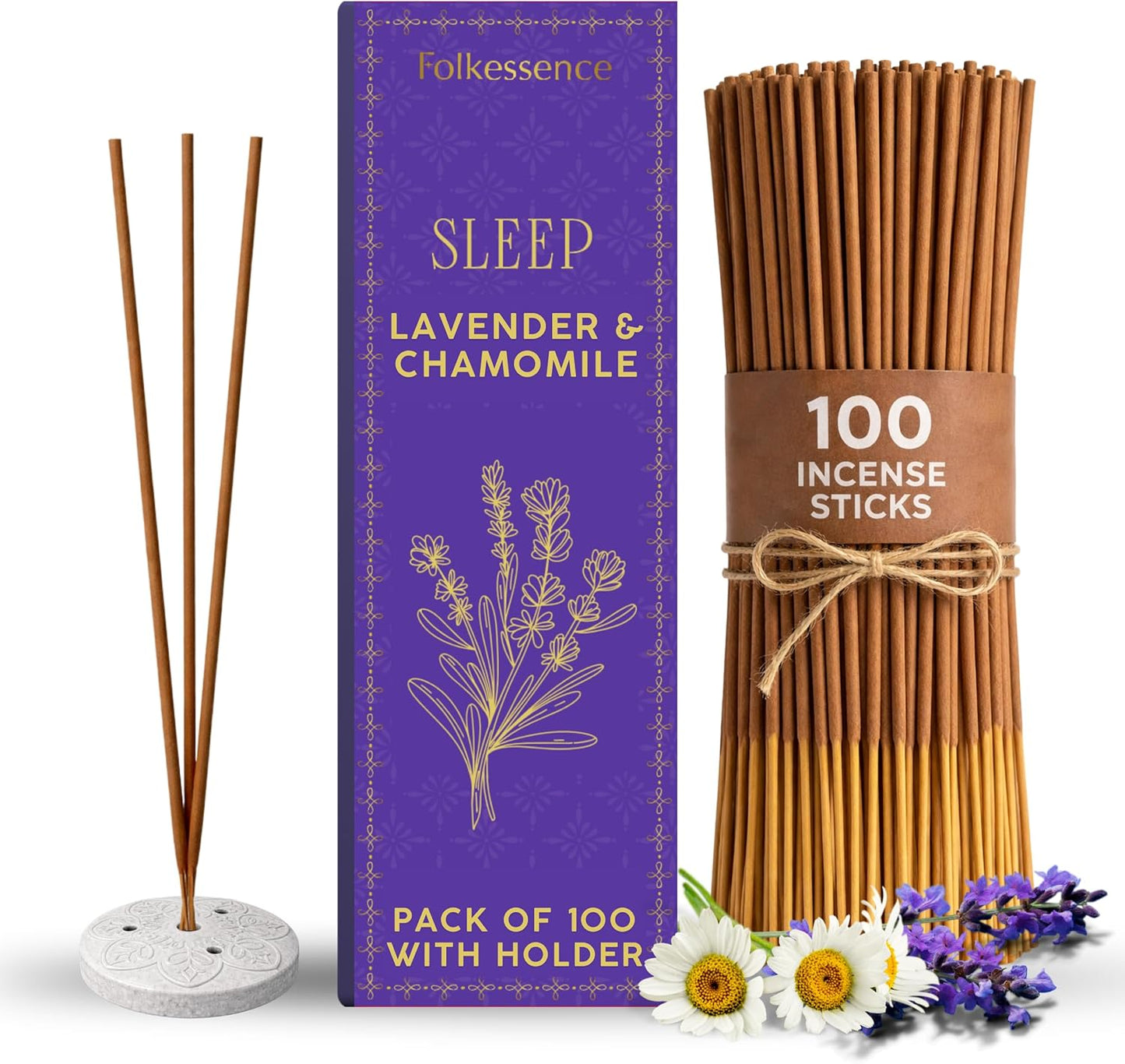 Folkulture Incense Sticks with Holder (100 Sticks)| Lavender & Chamomile Incense Sticks for Deep Sleep, Aromatherapy, Relax Stress |No Charcoal,Organic,Non Toxic, 45 Mins, Long Burning Insence-Sticks
