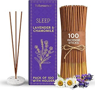Folkulture Incense Sticks with Holder (100 Sticks)| Lavender & Chamomile Incense Sticks for Deep Sleep, Aromatherapy, Relax Stress |No Charcoal,Organic,Non Toxic, 45 Mins, Long Burning Insence-Sticks