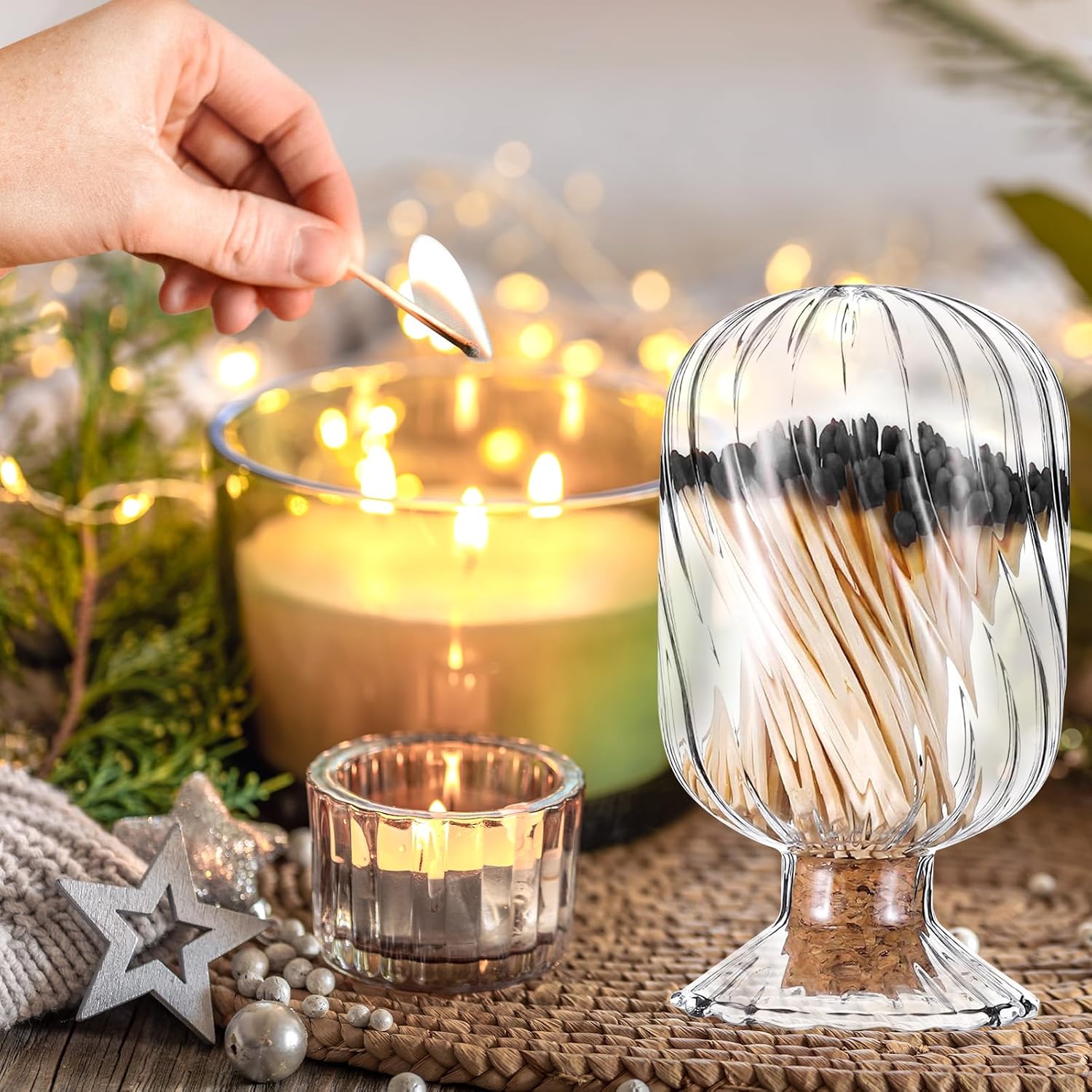 Glass Match Holder Jar with Striker, Decorative Glass Container for Matches for Bathroom Fireplace and Home Display (Helix Shaped)