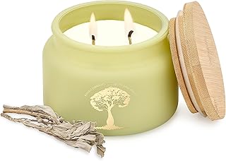 White Sage Meditation and Yoga Candle for Energy Clearing and Protection - 50 Hour Clean Burning Soy Wax - 2-Wick Spiritual Aromatherapy Smudge Candle with Guided Materials -9.5oz