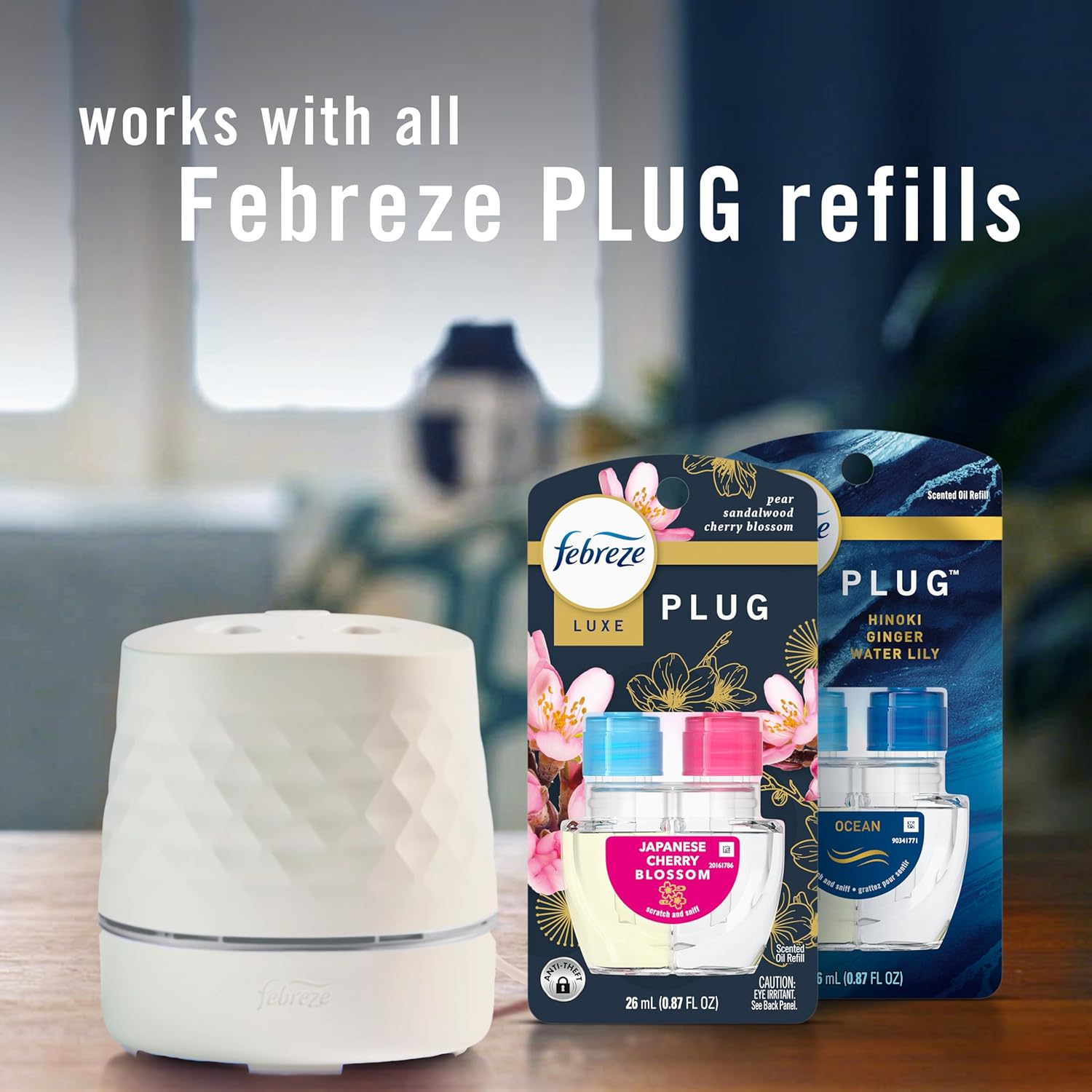 Febreze Plug Scent Booster Starter Kit, Oil Diffuser, Air Freshener Plug in, Continuous Scent Device + 2 Downy Calm Refills