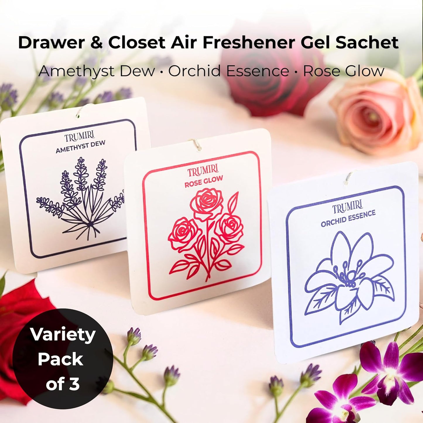 Scented Sachets for Drawer and Closet Freshener with Long Lasting Scent - Variety Pack of 3 - Amethyst Dew|Orchid Essence|Rose Glow - Home Fragrance Sachet - Olores para Closet De Ropa