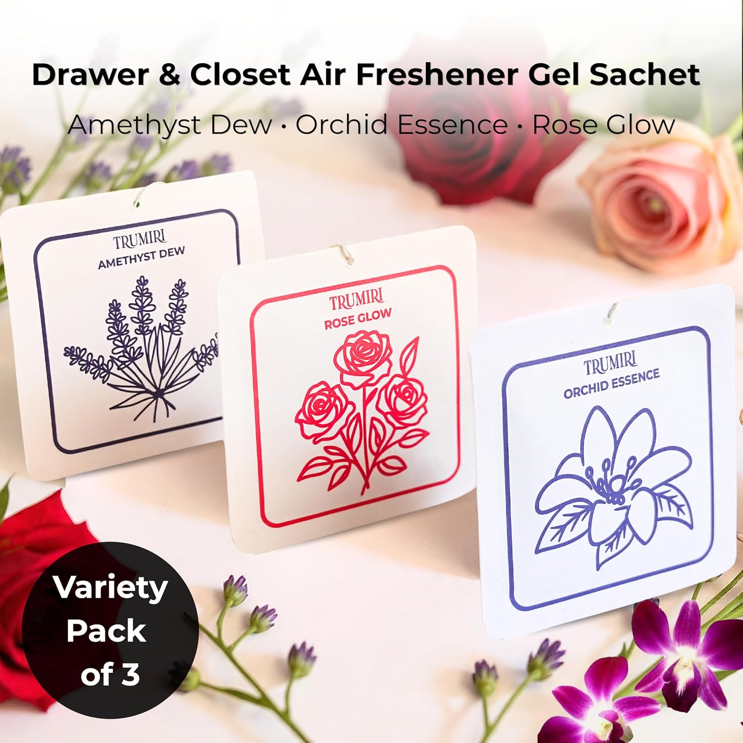 Scented Sachets for Drawer and Closet Freshener with Long Lasting Scent - Variety Pack of 3 - Amethyst Dew|Orchid Essence|Rose Glow - Home Fragrance Sachet - Olores para Closet De Ropa