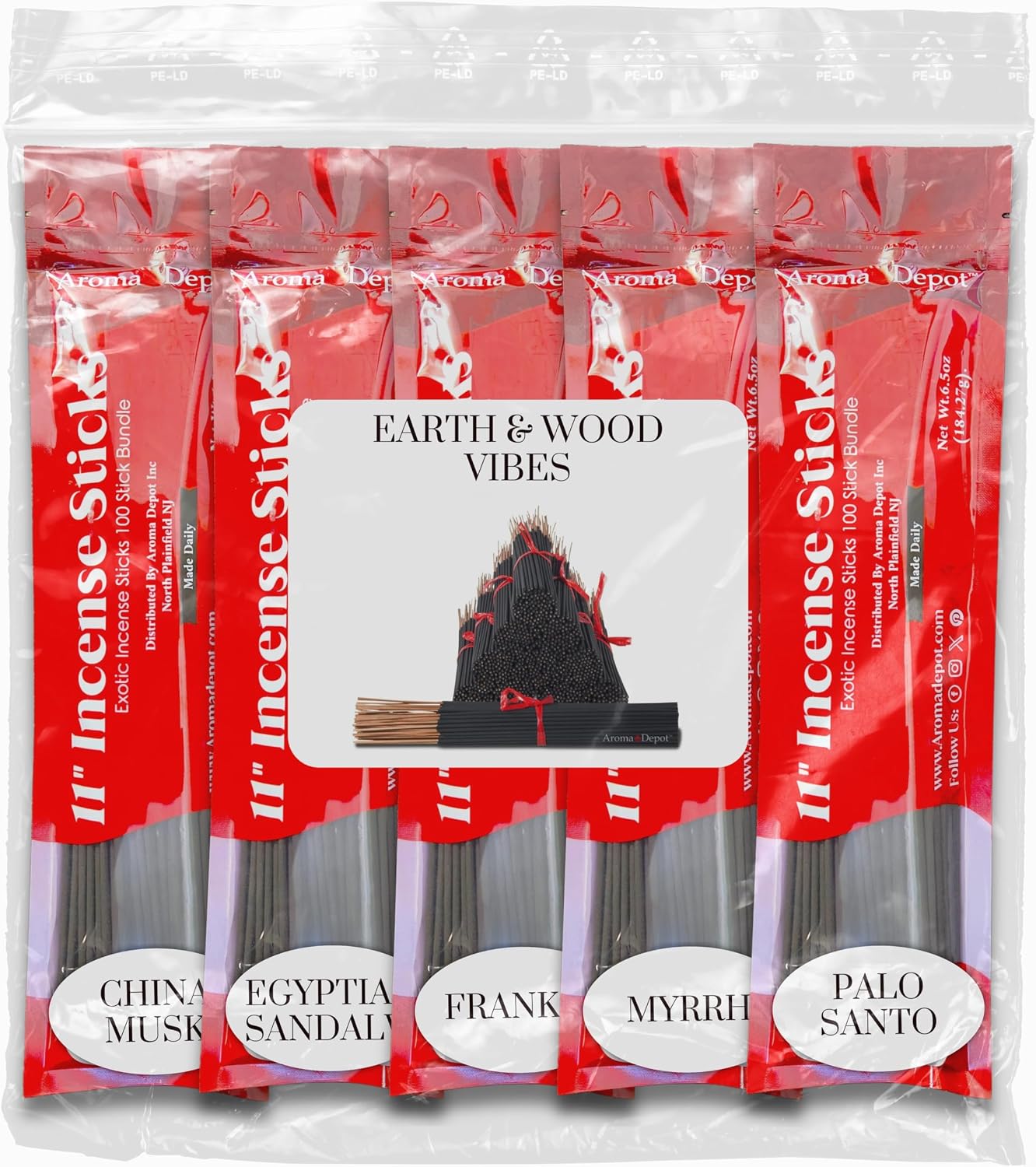 Earth & Wood Vibes 11'' Incense Sticks - Variety Set 500 Pack - 11 inch - 5 Bundles 100 Sticks Per Fragrance Scent. Set Features China Musk, Egyptian Sandalwood, Frankincense, Myrrh, Palo Santo