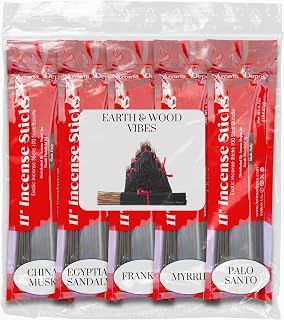 Earth & Wood Vibes 11'' Incense Sticks - Variety Set 500 Pack - 11 inch - 5 Bundles 100 Sticks Per Fragrance Scent. Set Features China Musk, Egyptian Sandalwood, Frankincense, Myrrh, Palo Santo