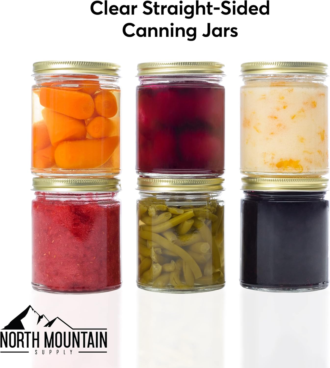 North Mountain Supply 9 Ounce Clear Glass Straight Sided Mason Canning Jars- With 70mm Gold Metal Lids - Case of 12