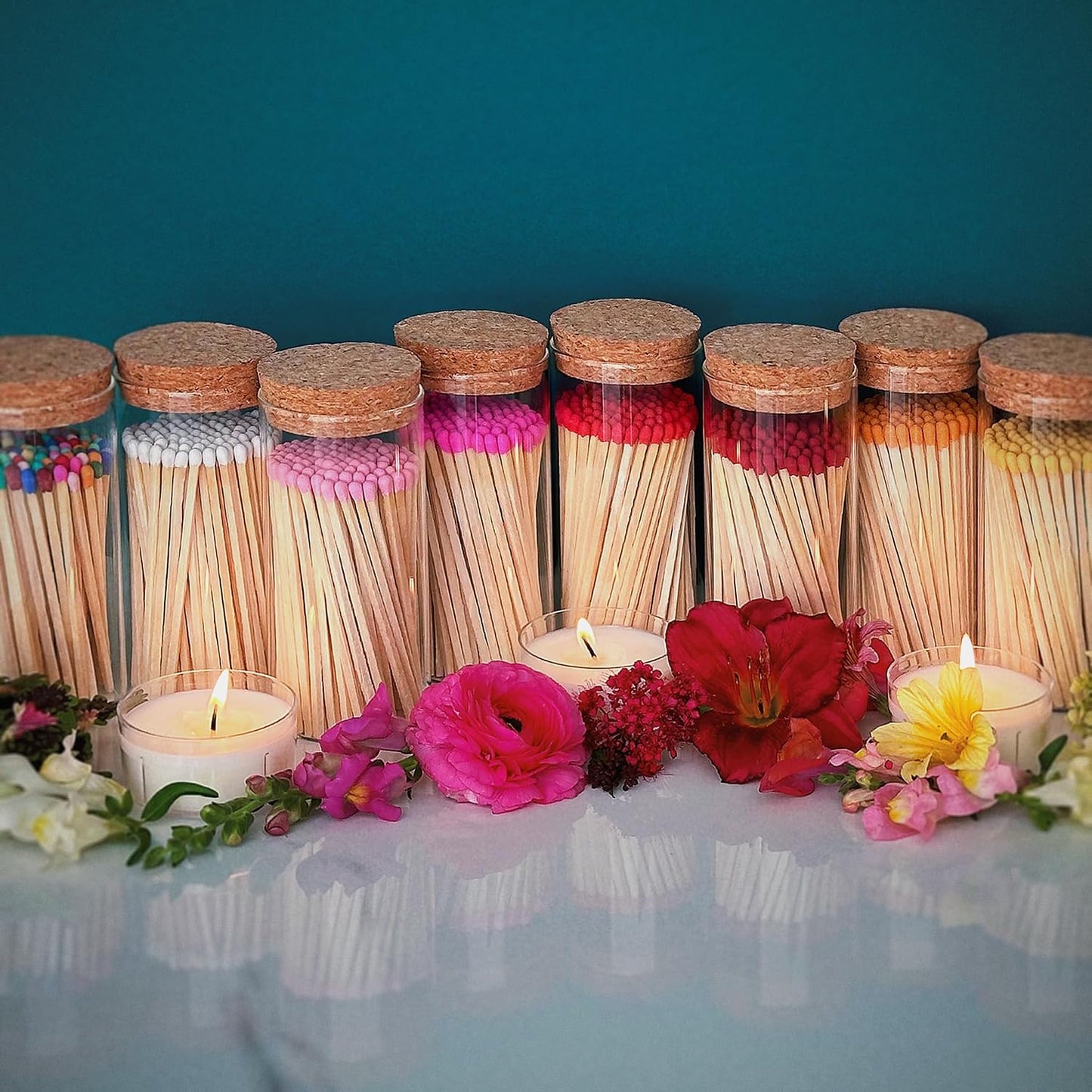 Thankful Greetings Decorative Matches in a Glass Jar | 4" Ever Green Long Matches (100 match sticks) + Cork Top Glass Holder + Striker Stickers | Gifts, Décor, & Candle Accessories, USA