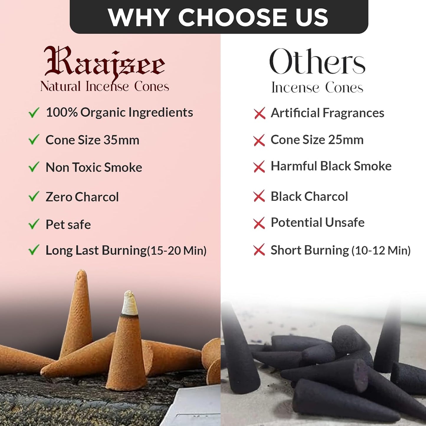Raajsee Incense Cones, 6 Pack Cone Incense Gift Pack 15 pc Each (90 Total), 100% Organic Non Toxic Natural Insence Cones Variety Pack